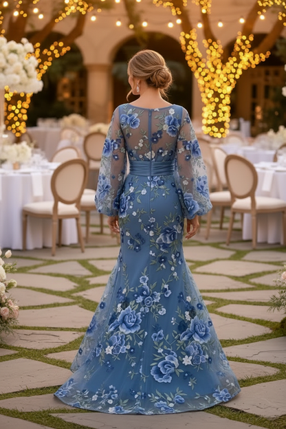 Floral Embroidered Long Sleeve Mermaid Evening Gown