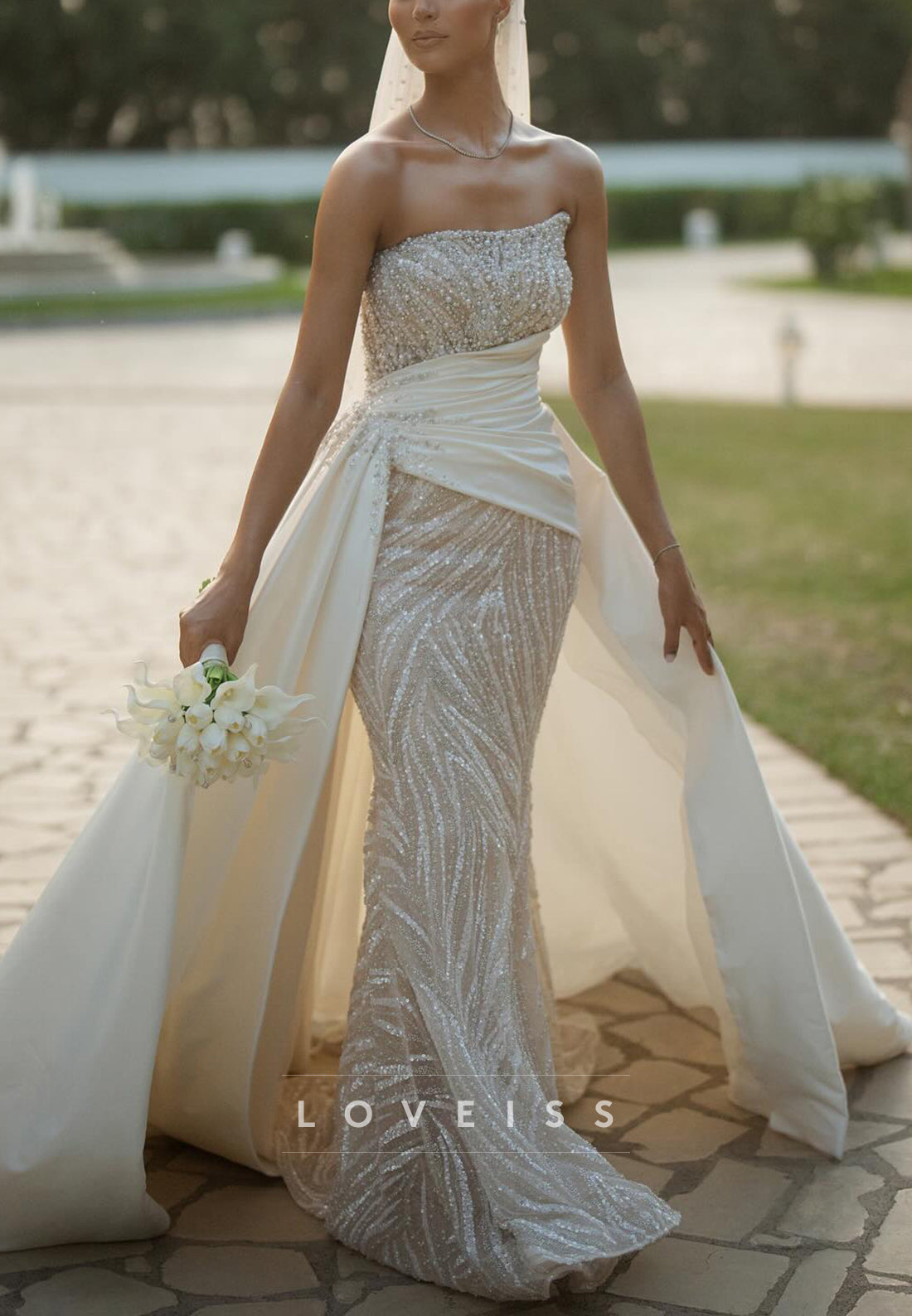 Strapless Beaded Mermaid Wedding Dress with Overskirt
