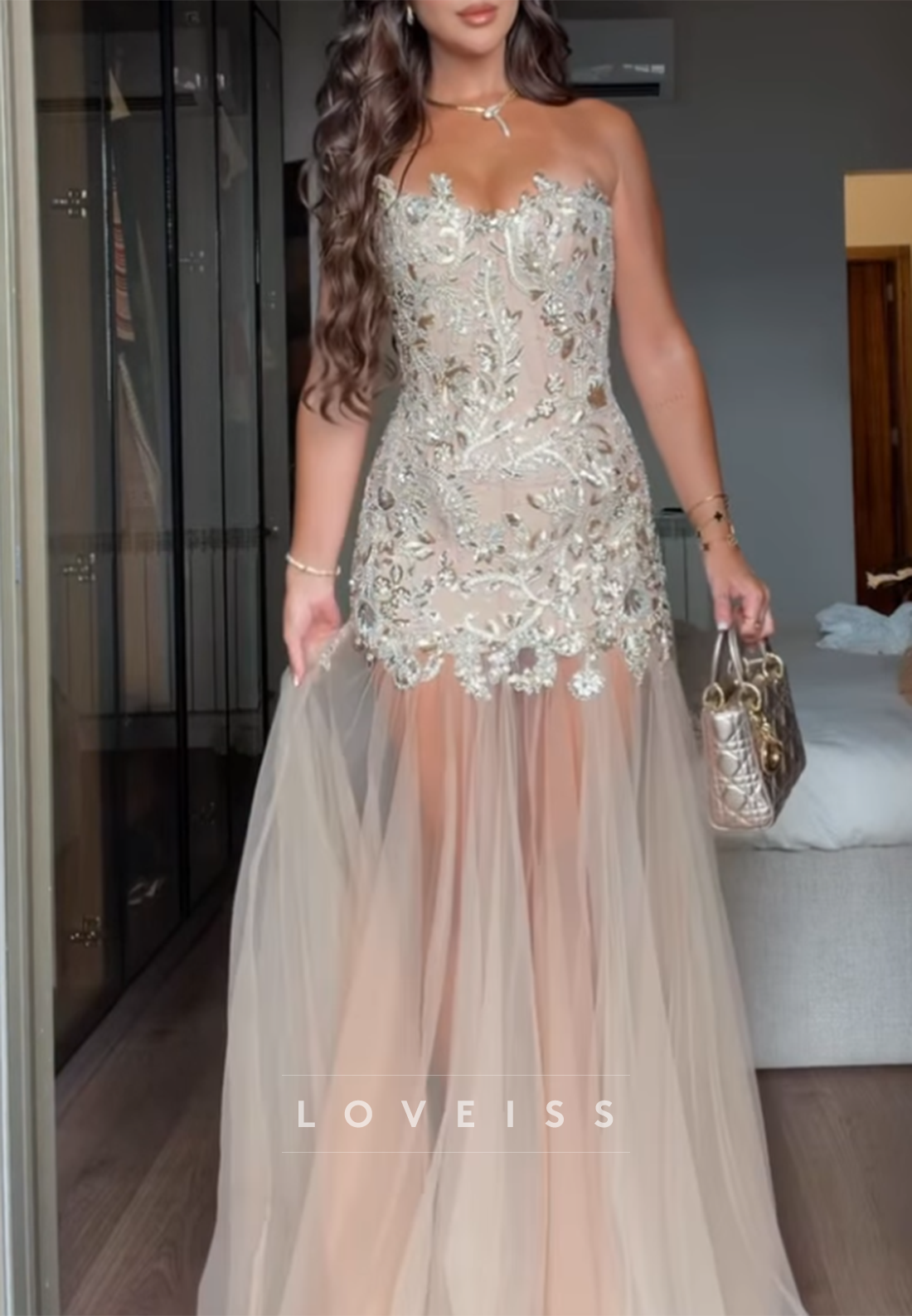 Embellished Corset Strapless Tulle Evening Gown