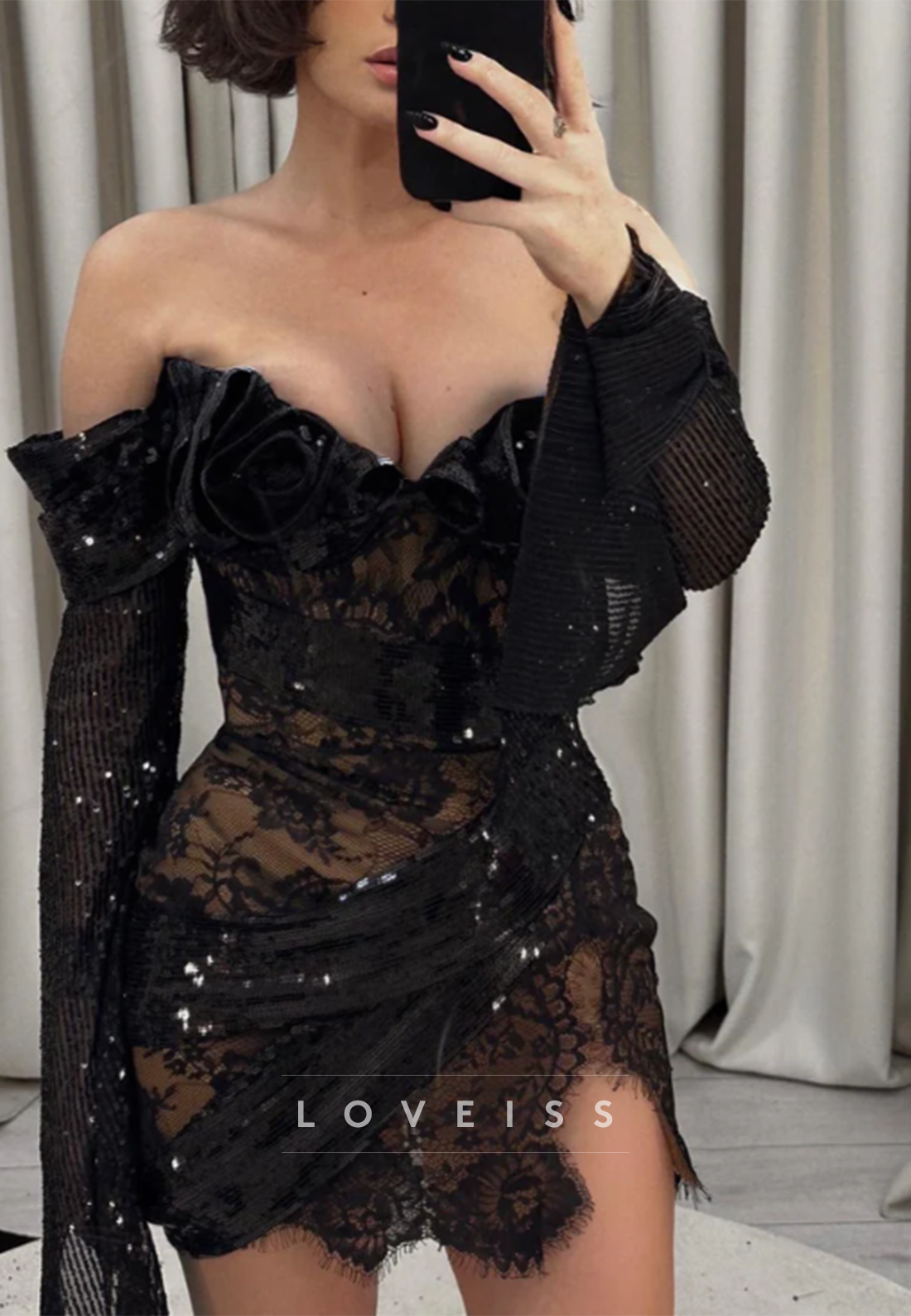 Off-the-Shoulder Lace Mini Dress with 3D Flowers