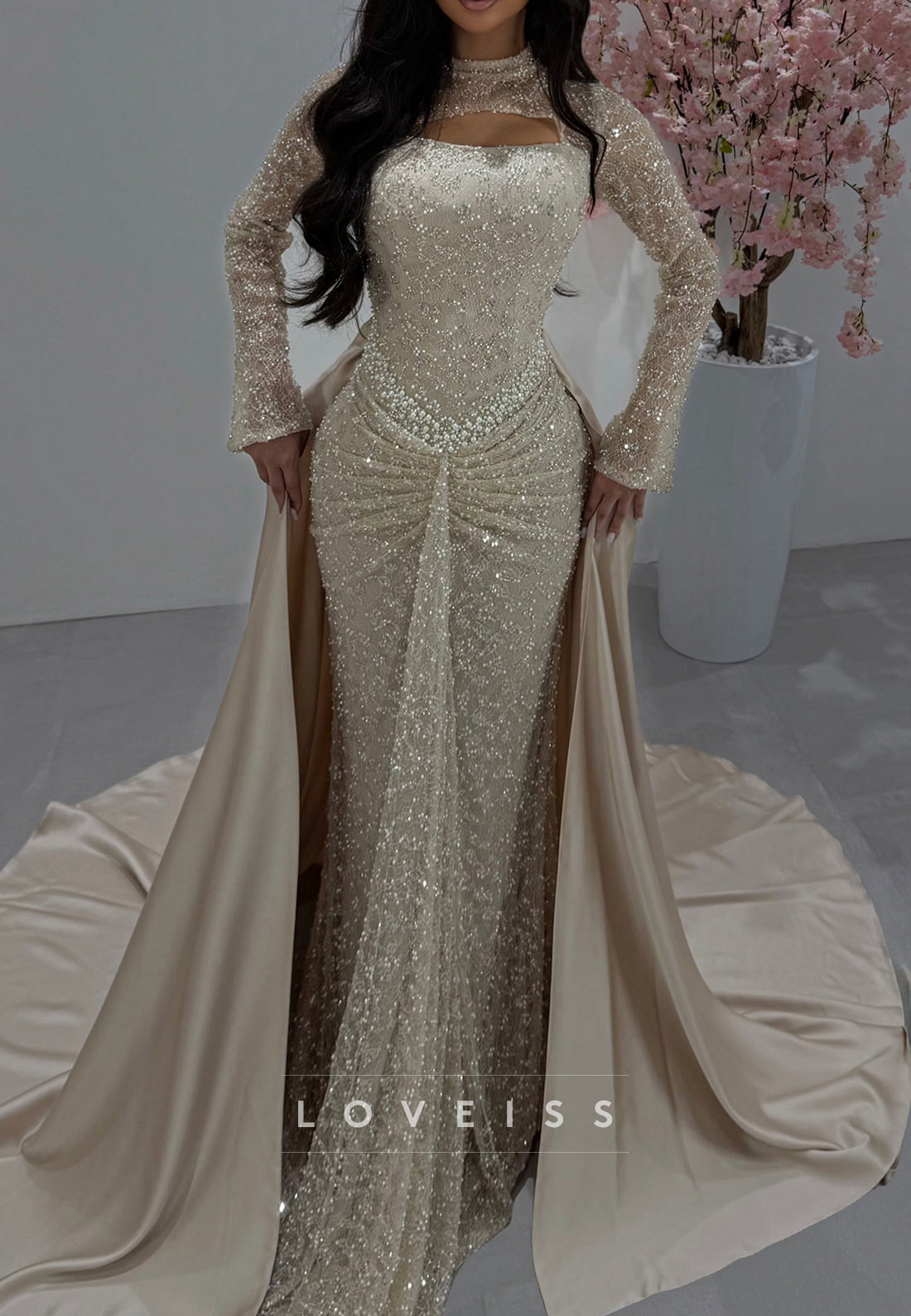 Long Sleeve Beaded Mermaid Gown with Detachable Train