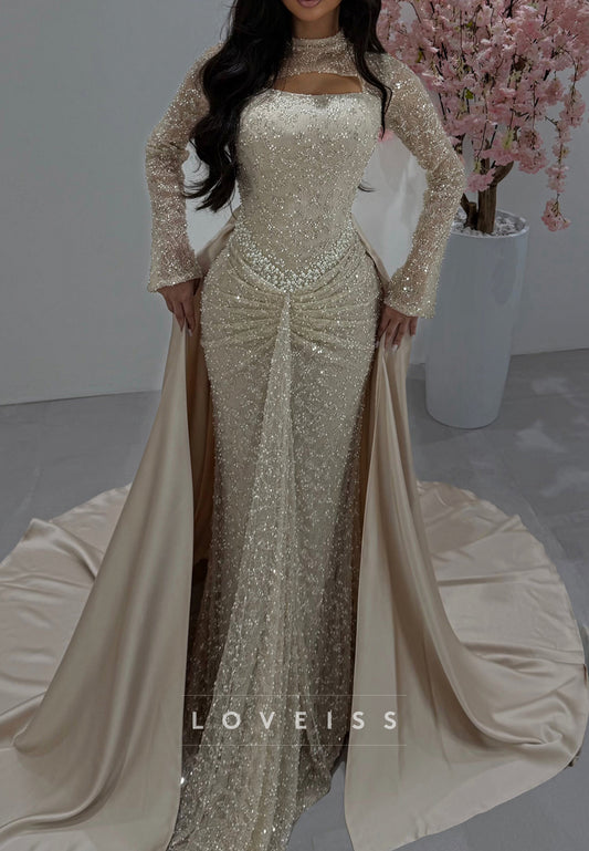 Long Sleeve Beaded Mermaid Gown with Detachable Train