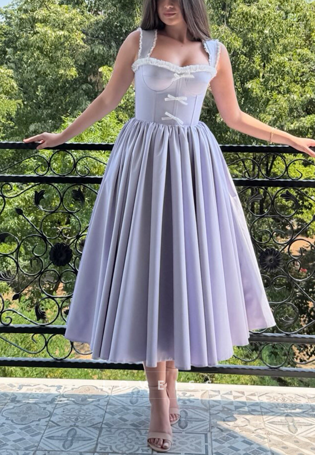 Corset Bodice Midi Dress with Ruffled Square Neckline