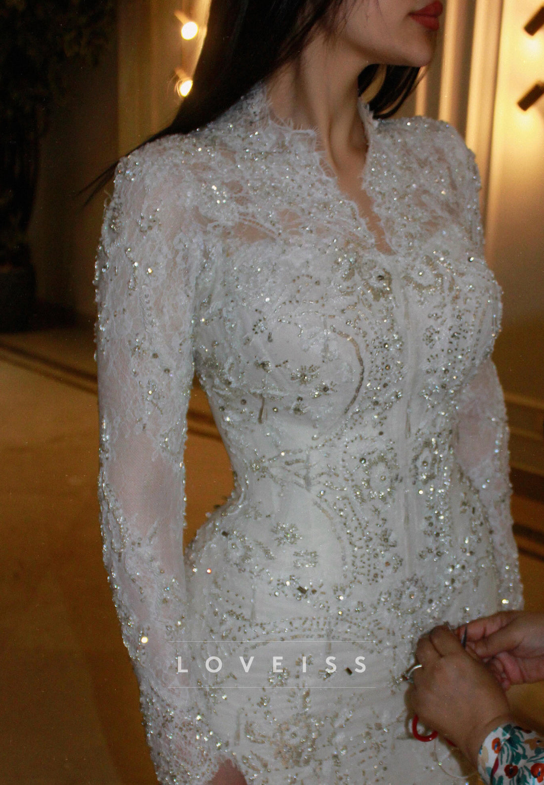High-Neck Beaded Lace Long-Sleeve Tulle Wedding Gown