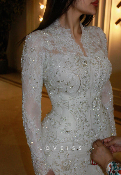 High-Neck Beaded Lace Long-Sleeve Tulle Wedding Gown