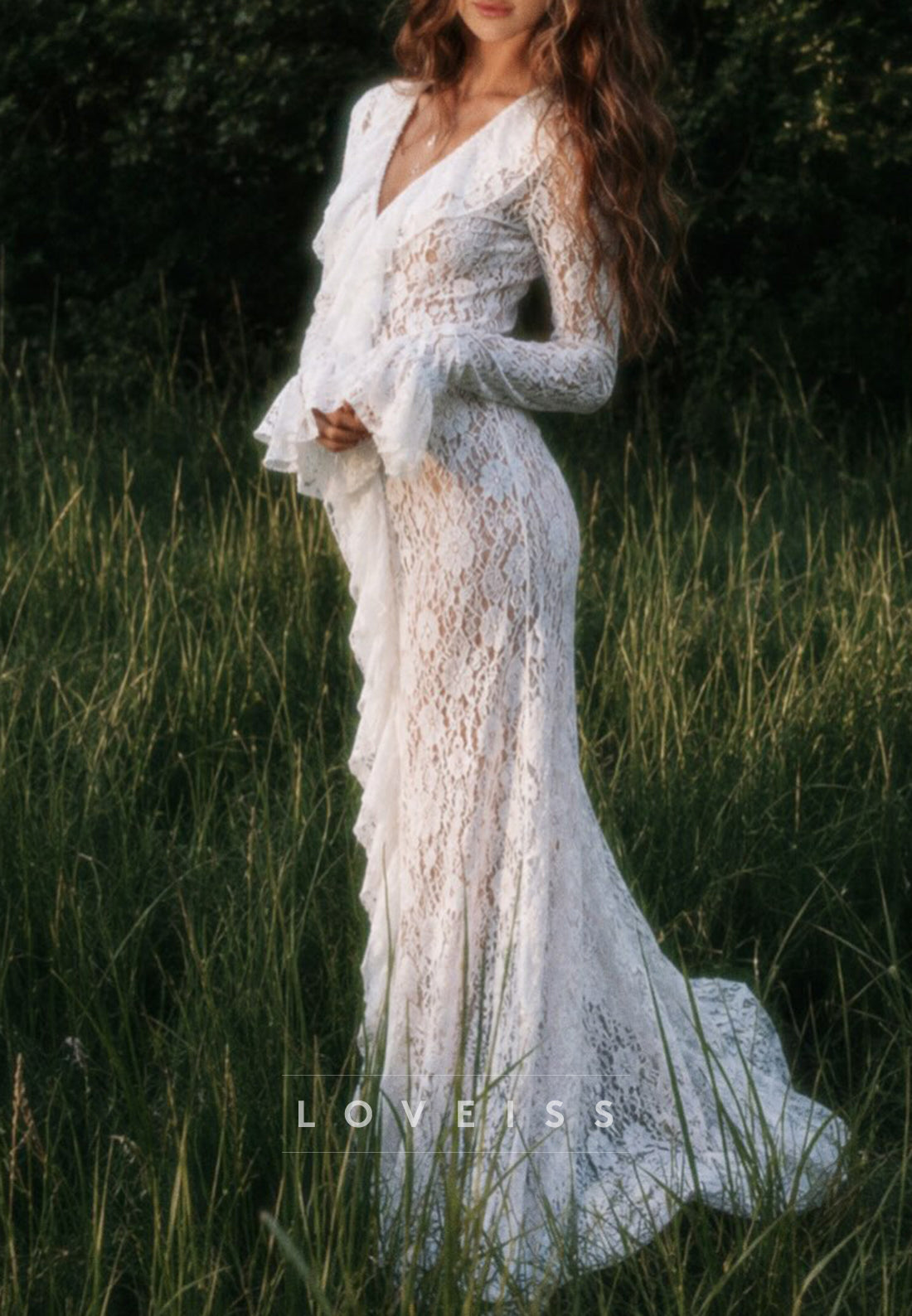 Lace V-Neck Long Sleeve Maxi Dress with Ruffle Trim