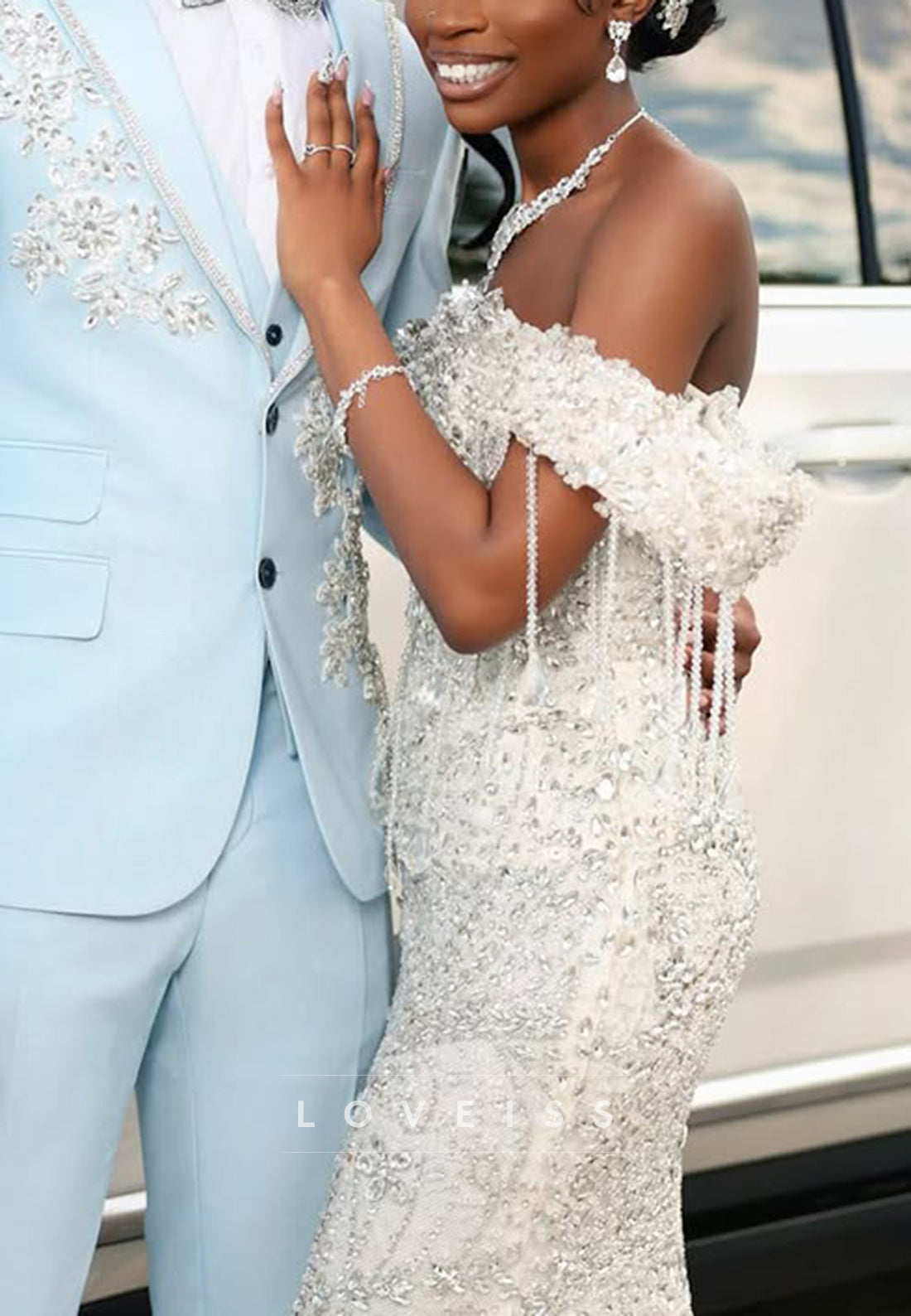 Beaded Fringe Off-the-Shoulder Mermaid Gown
