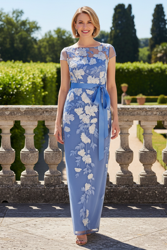Embroidered Mesh Column Gown with Satin Sash