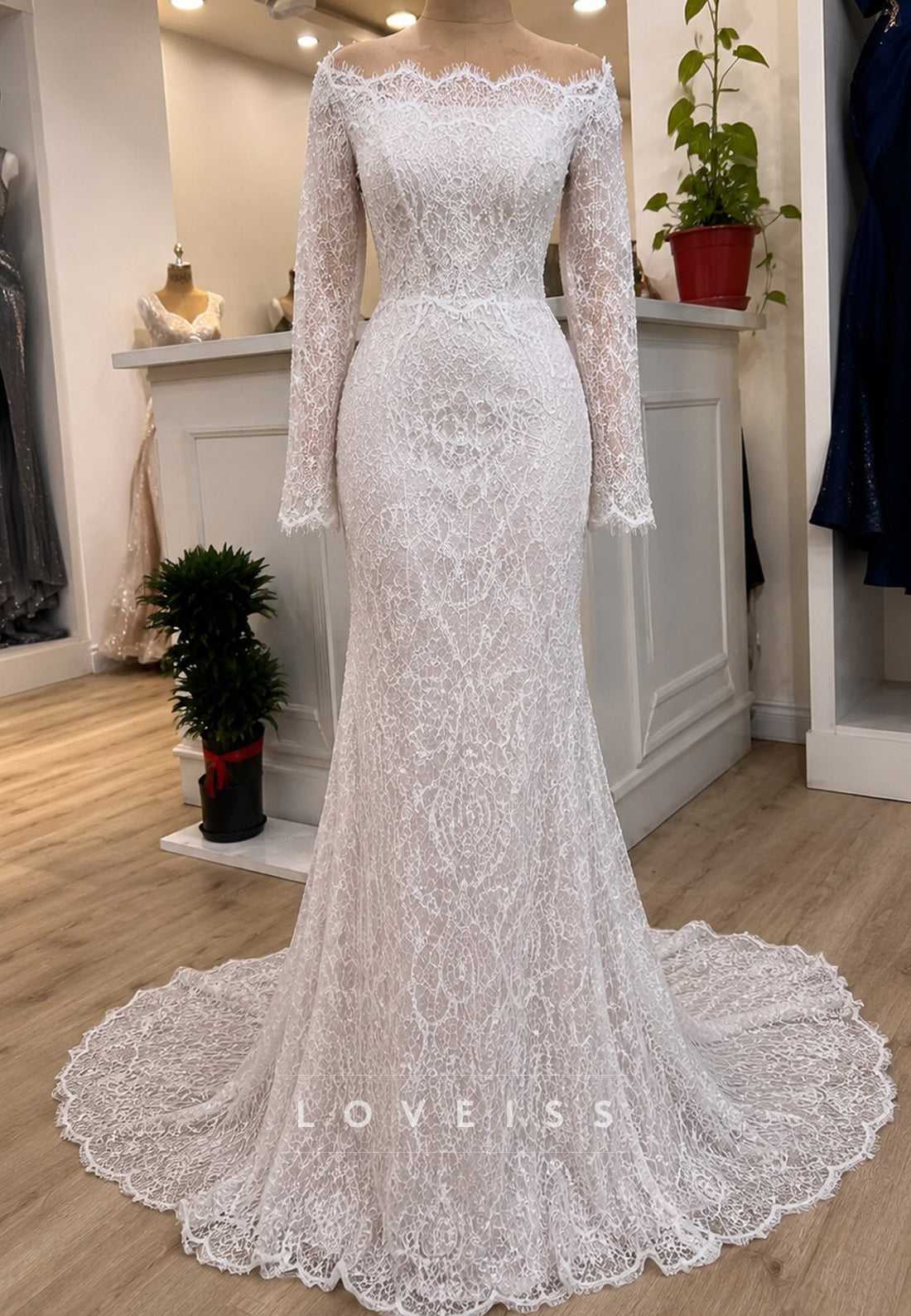 Off-Shoulder Long Sleeve Lace Mermaid Wedding Gown