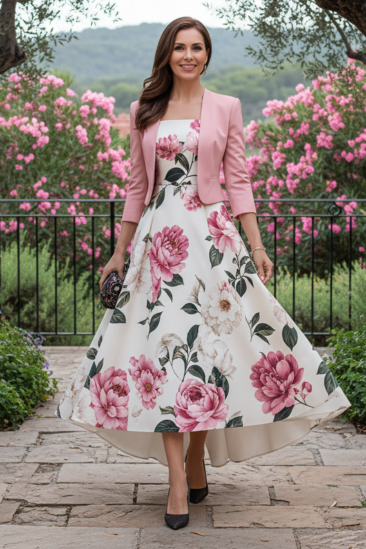 Floral High-Low Dress with Cropped Jacket