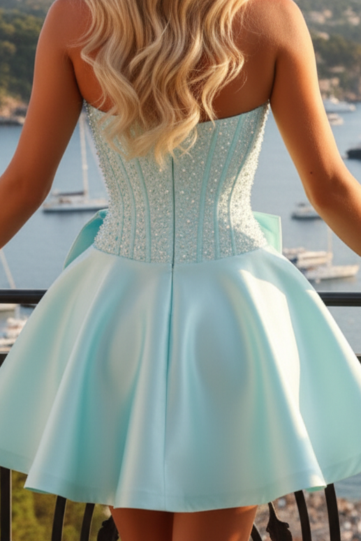 Strapless Beaded Corset Mini Dress with Bow