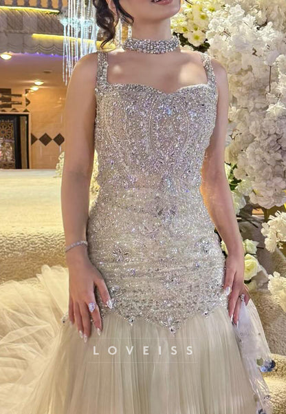 Beaded Mermaid Evening Gown with Pleated Tulle Skirt
