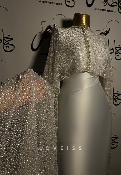 Pearl Beaded High-Neck Cape Sleeve Satin Mermaid Gown