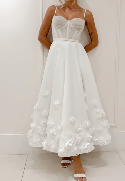 Corset Bodice Tea-Length Dress with 3D Florals
