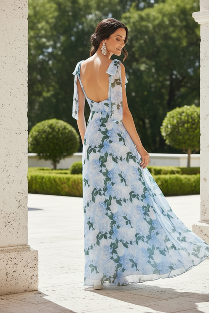 Floral Print A-Line Gown with Tie Straps