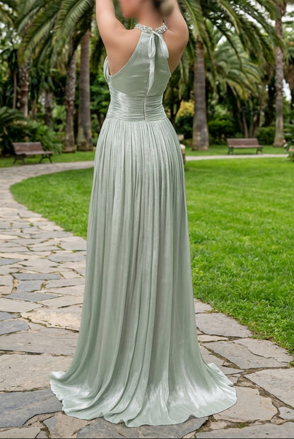 Halter Neck Pleated Evening Gown with Slit
