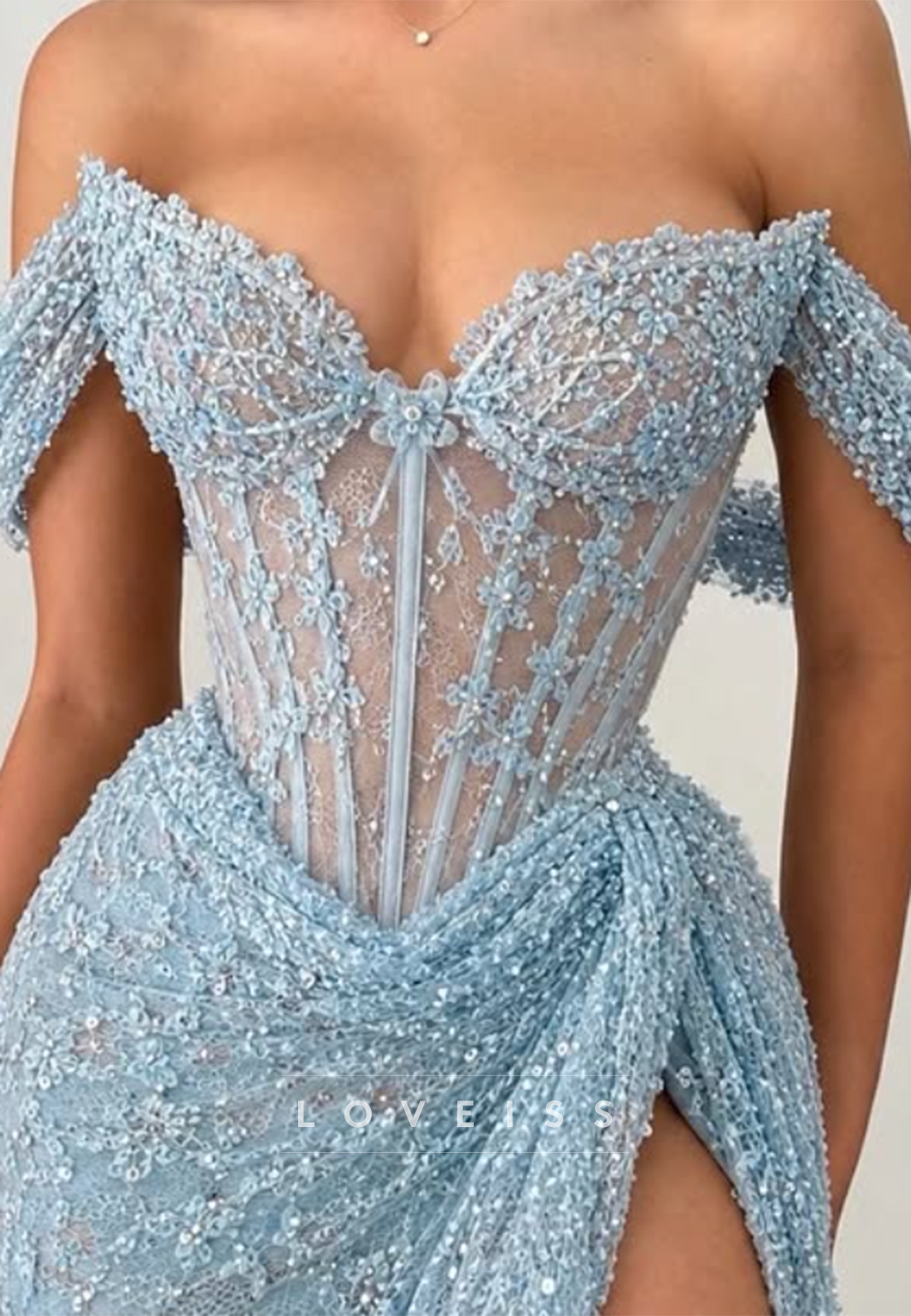 Off-the-Shoulder Corset High Slit Evening Gown
