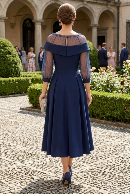 Illusion Foldover Neck Midi Dress with Tulle Sleeves