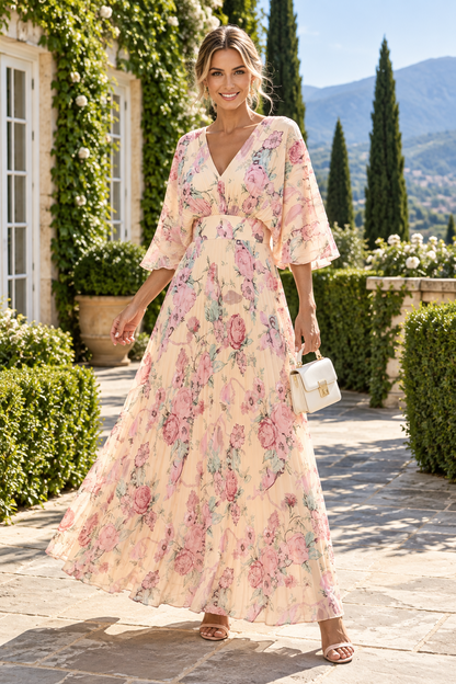 Floral Print V-Neck Maxi Dress with Bell Sleeves