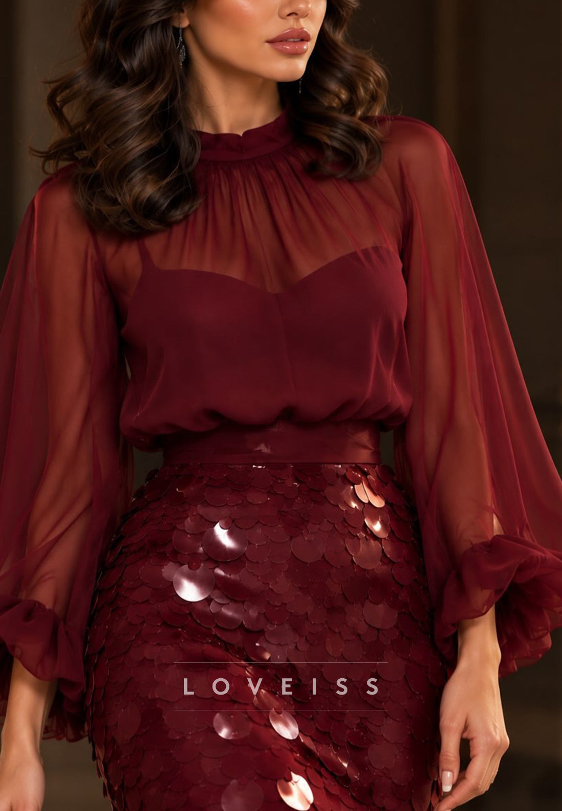 High Neck Sheer Sleeve Disc Sequin Mermaid Gown