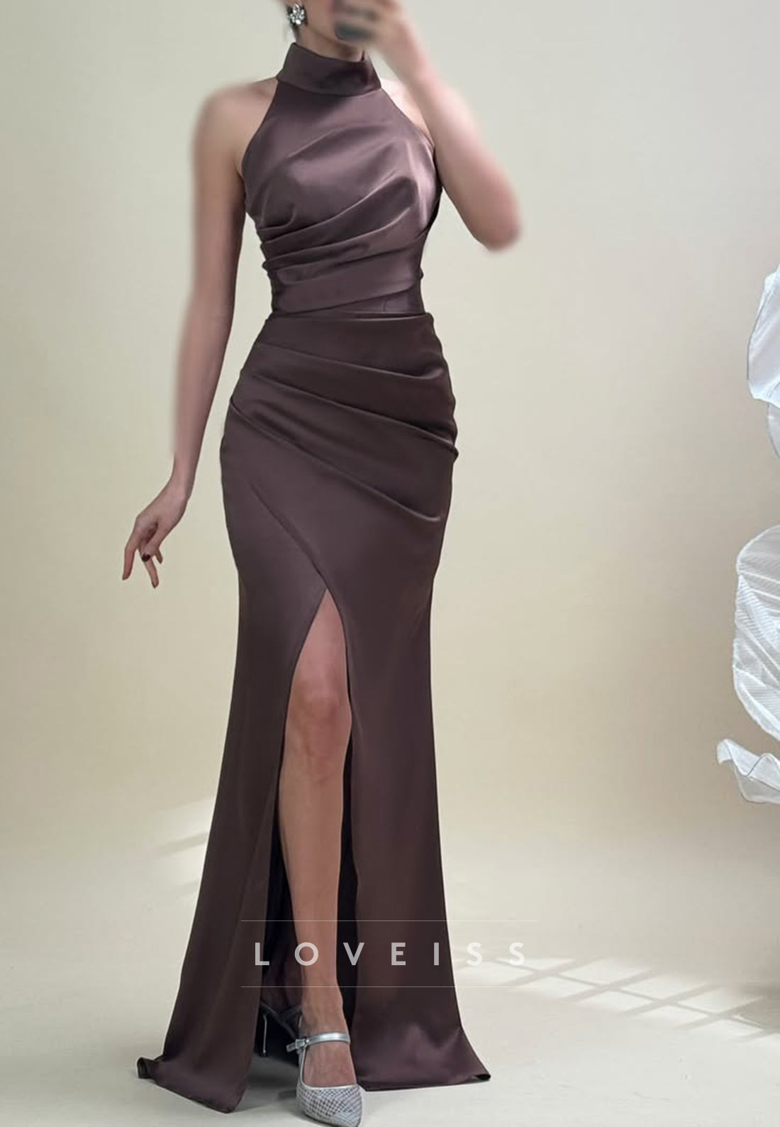 High Neck Ruched Satin Maxi Dress with High Slit
