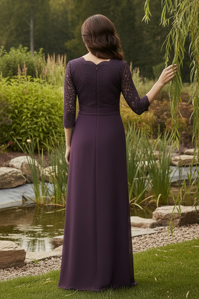 Scalloped Lace Bodice Ruffle Front Evening Gown