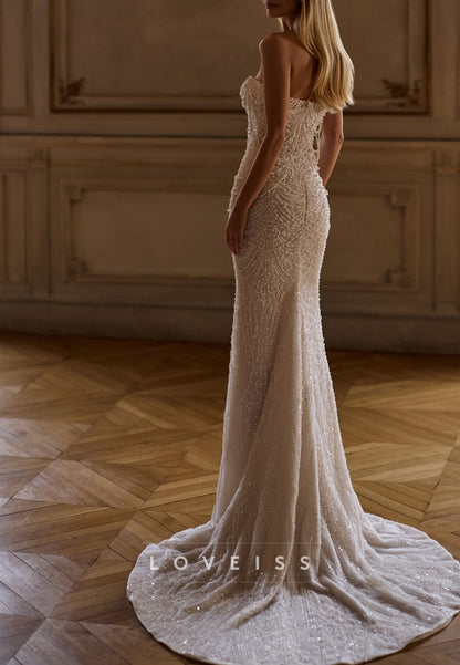 Strapless Beaded Sheath Wedding Dress with Train