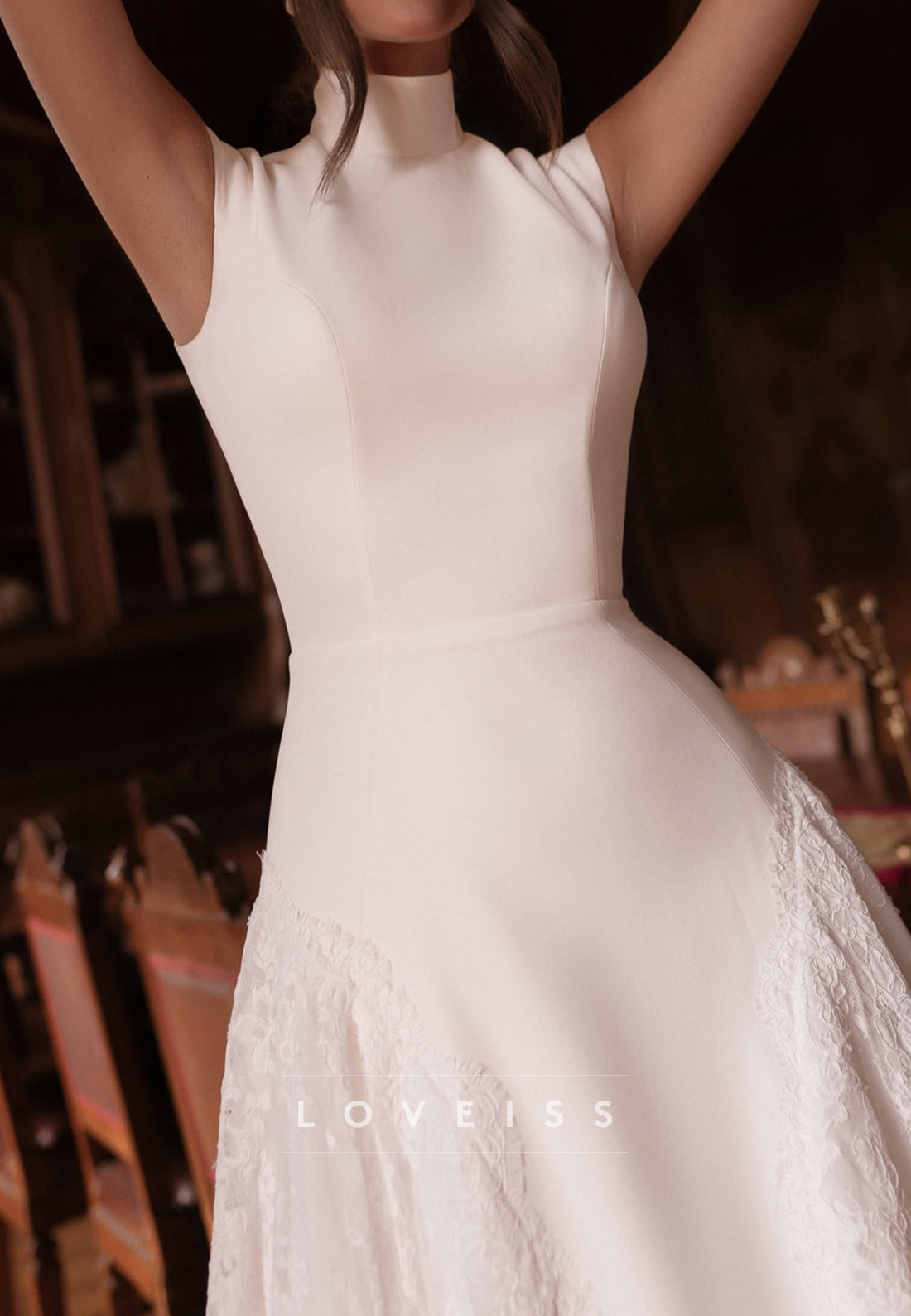 High Neck A-Line Wedding Dress with Lace Train