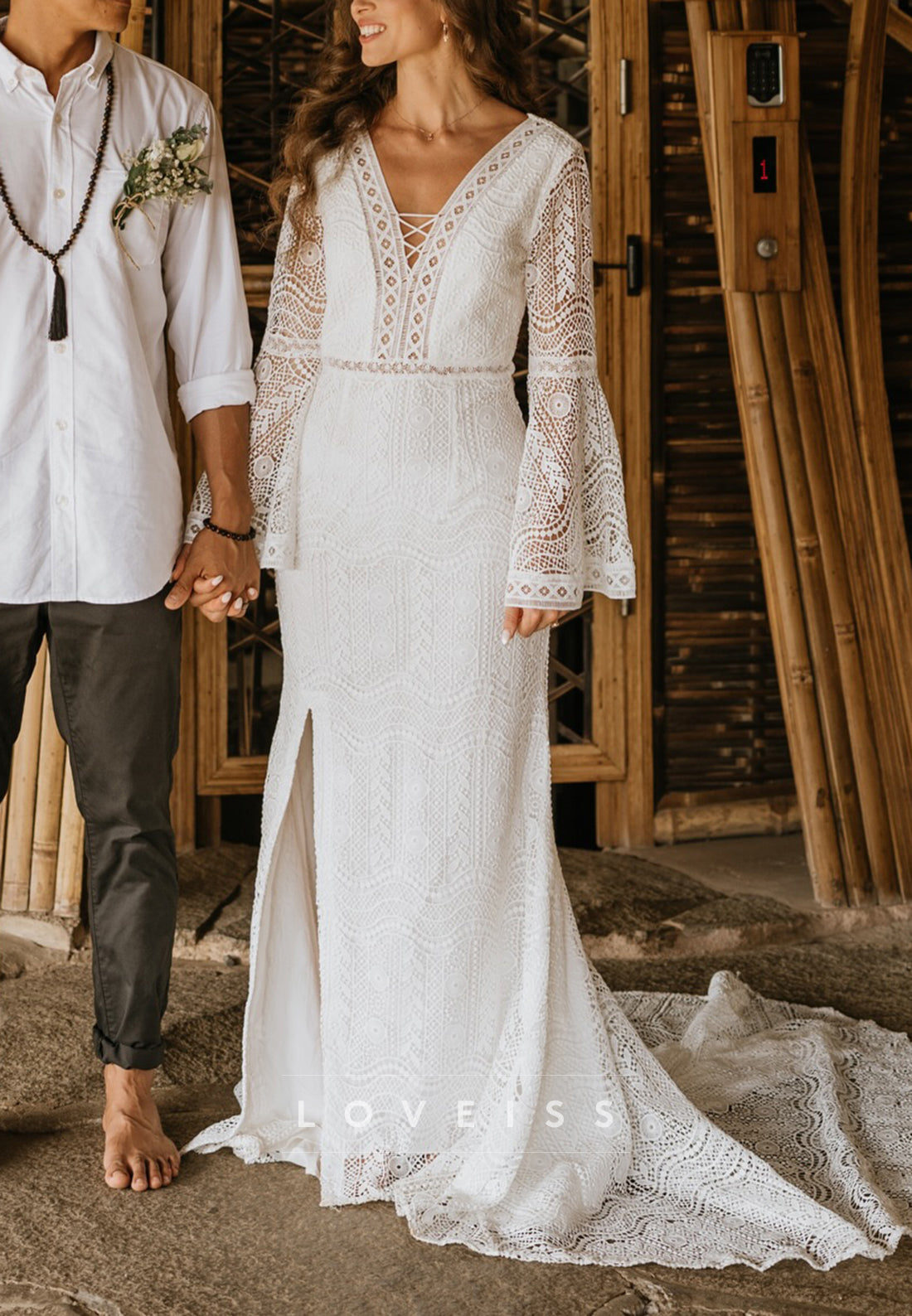 Boho Lace Long Sleeve Mermaid Wedding Dress with Slit