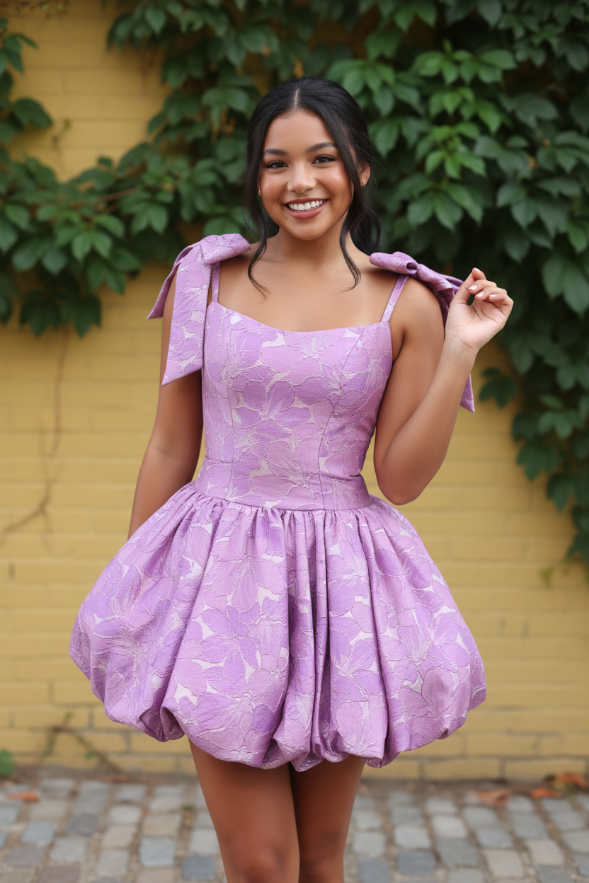 Floral Jacquard Bubble Skirt Mini Dress with Bows