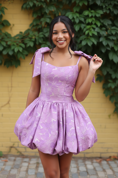Floral Jacquard Bubble Skirt Mini Dress with Bows
