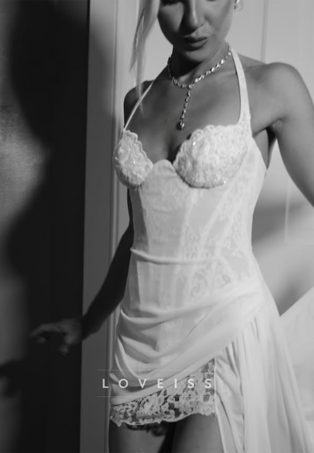 Halter Lace Corset Mini Dress with Draped Train