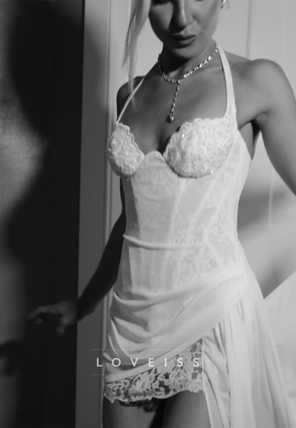 Halter Lace Corset Mini Dress with Draped Train