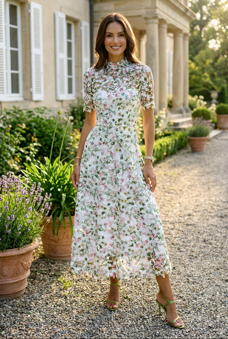 Floral Embroidered Lace A-Line Midi Dress