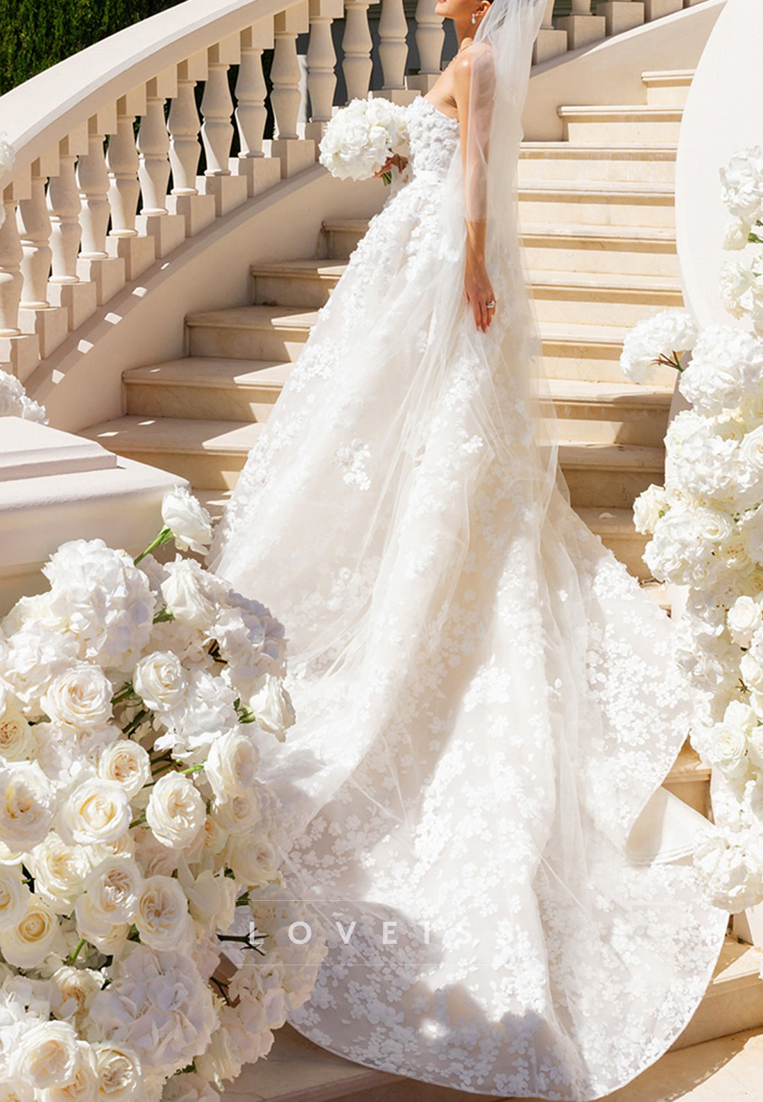 Strapless 3D Floral Applique Ball Gown Wedding Dress