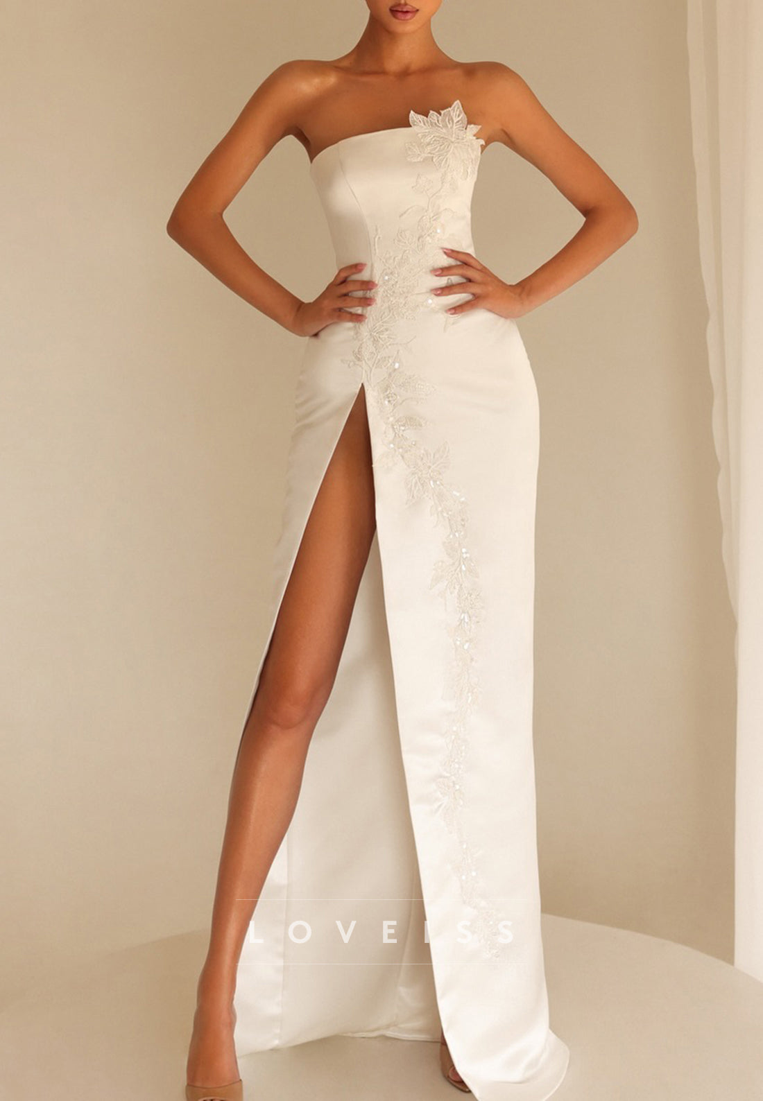 Strapless Satin Gown with Detachable Overskirt & Slit