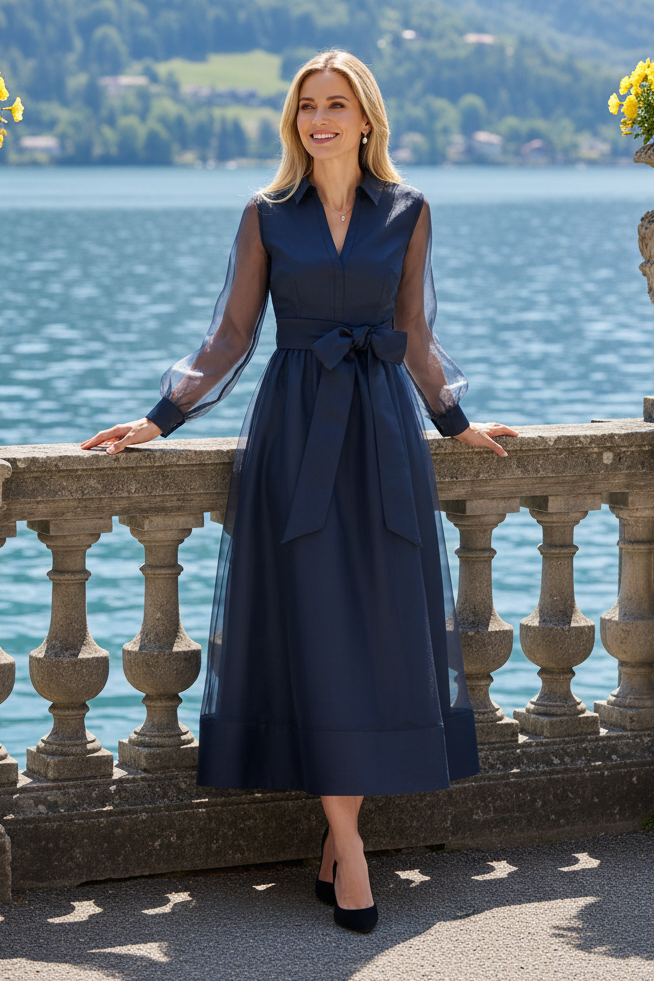 Long Sleeve Organza A-Line Tea-Length Dress