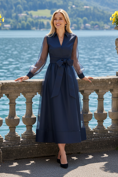 Long Sleeve Organza A-Line Tea-Length Dress