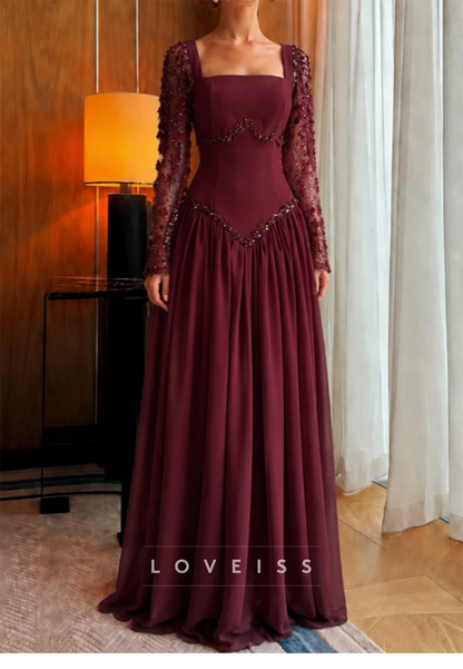 Long Sleeve Basque Waist Formal Gown with Beading