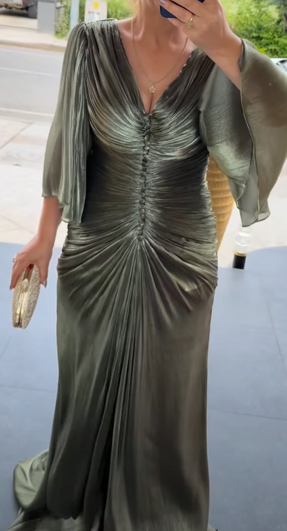Ruched Button-Front Evening Gown with Flutter Sleeves