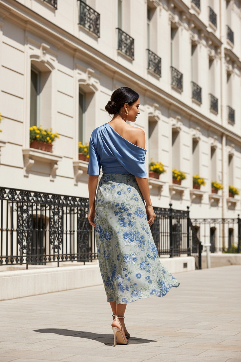 One-Shoulder Satin and Floral Wrap Midi Dress