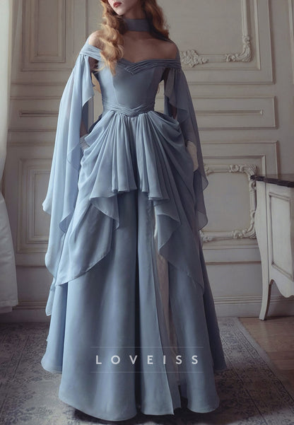 Off Shoulder Chiffon Gown with Bell Sleeves & Ruffle