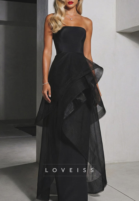 Strapless Tiered Tulle Overlay Evening Gown