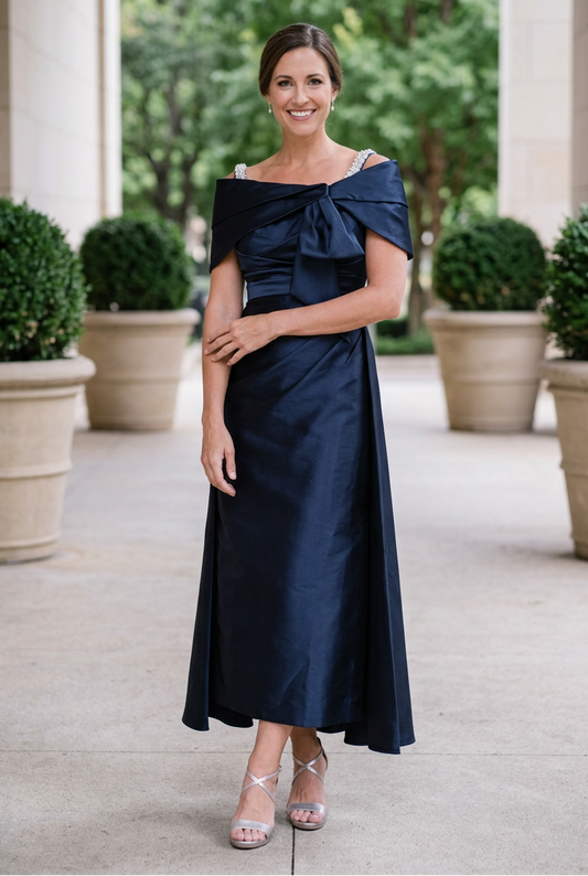 Bow-Accented Ankle-Length Evening Dress