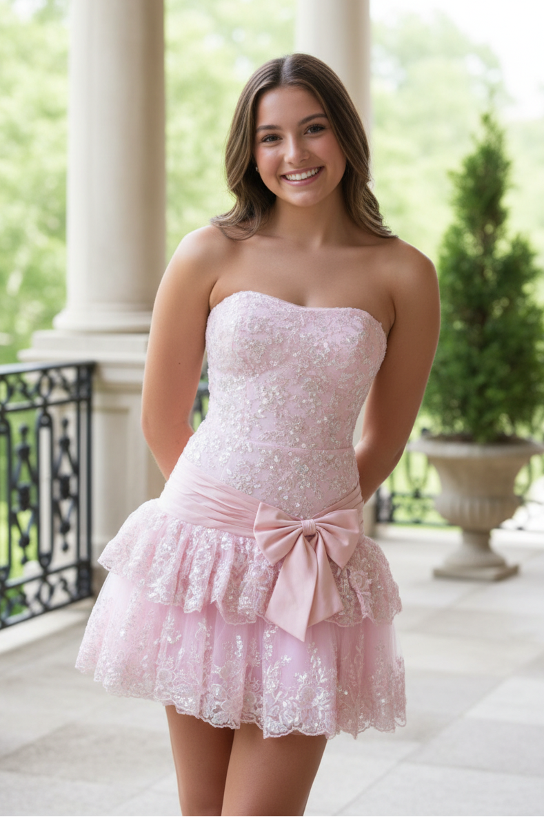 Strapless Tiered Lace Mini Dress with Bow Sash