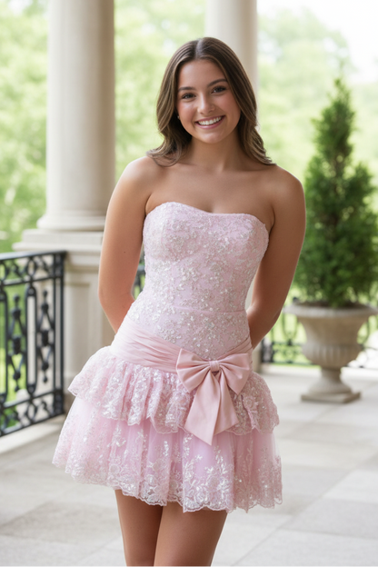 Strapless Tiered Lace Mini Dress with Bow Sash