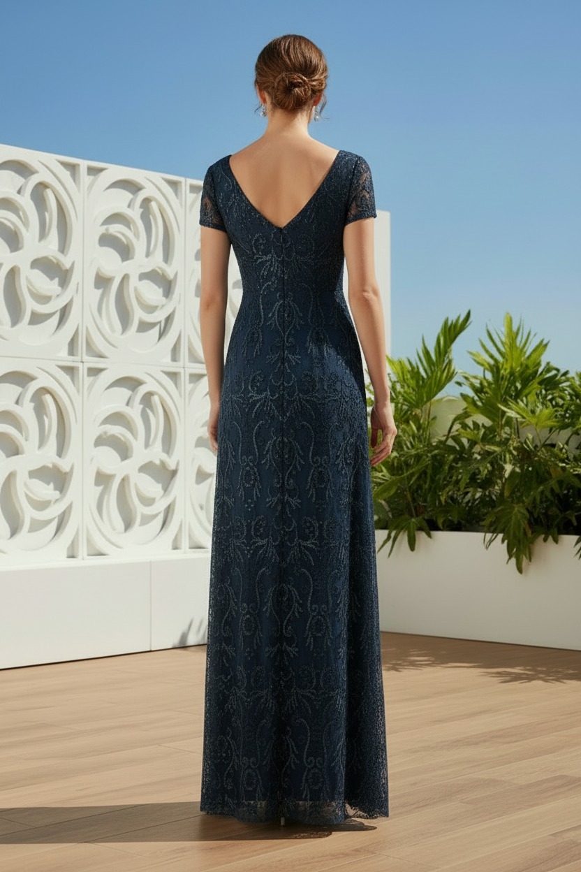 Beaded Lace V-Neck A-Line Evening Gown