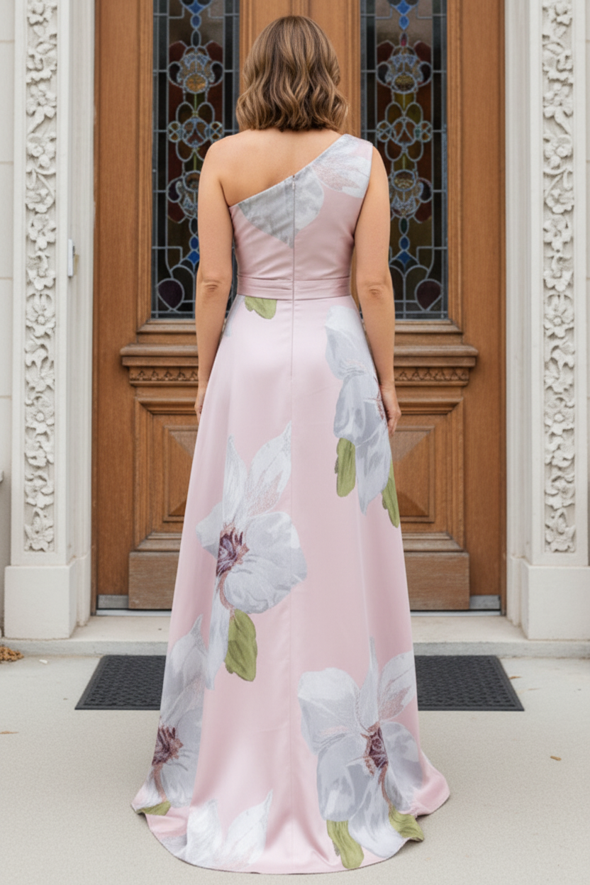 One-Shoulder Floral Print A-Line Gown