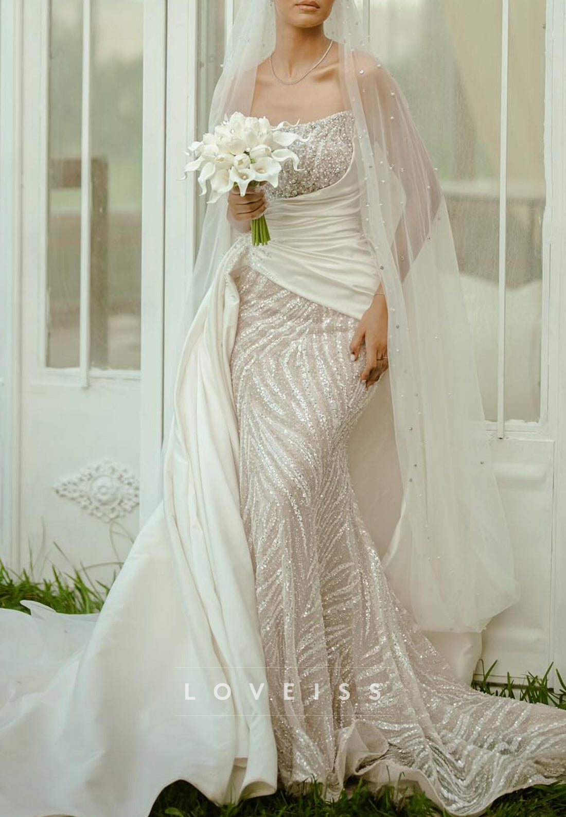 Strapless Beaded Mermaid Wedding Dress with Overskirt