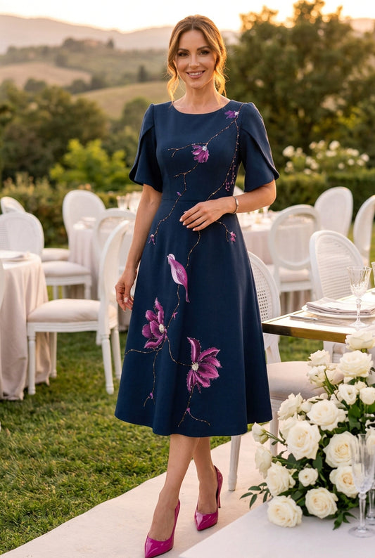 Embroidered Floral A-Line Midi Dress